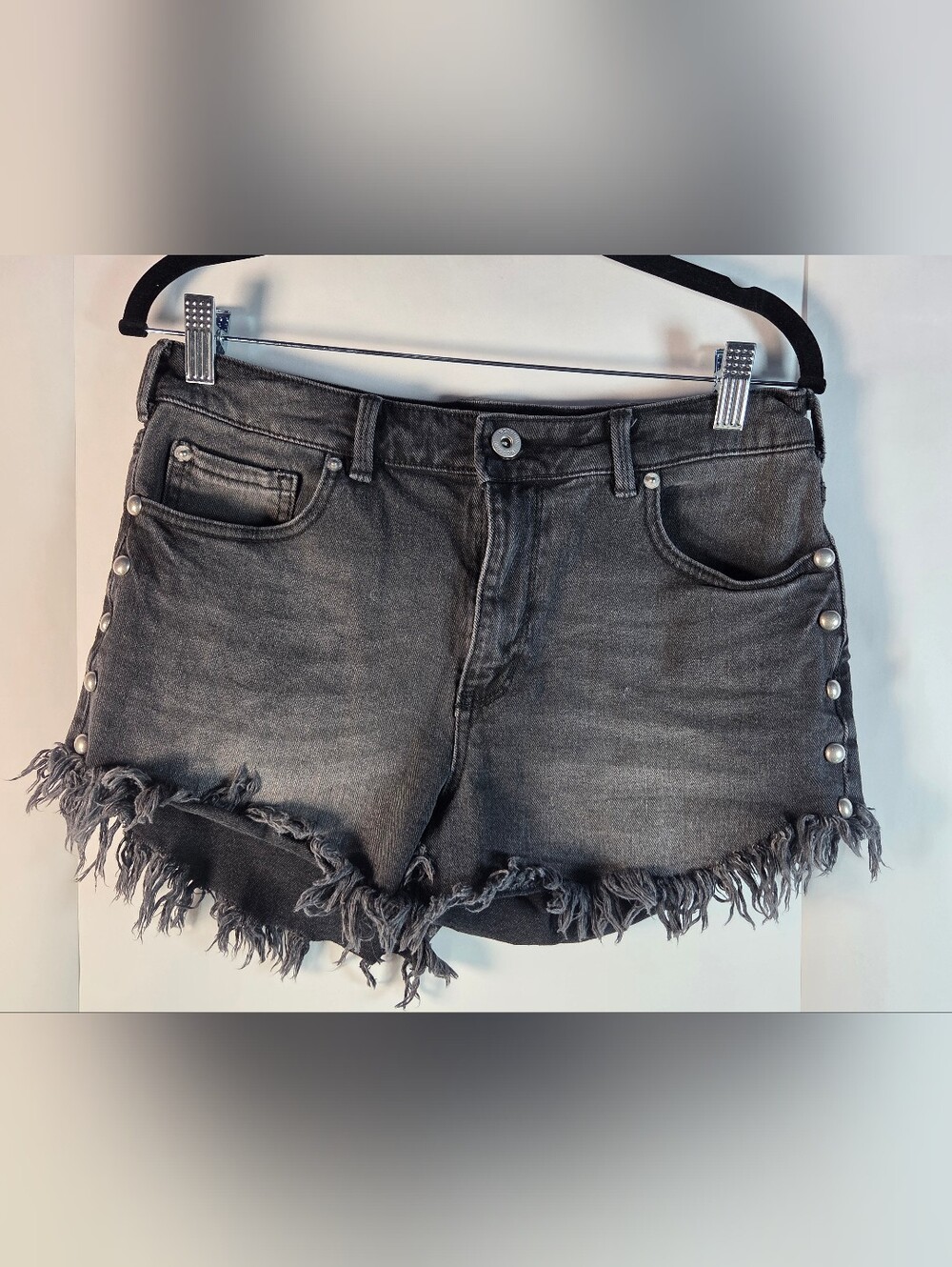 Women’s Distressed Black Denim Shorts with Stud Detail